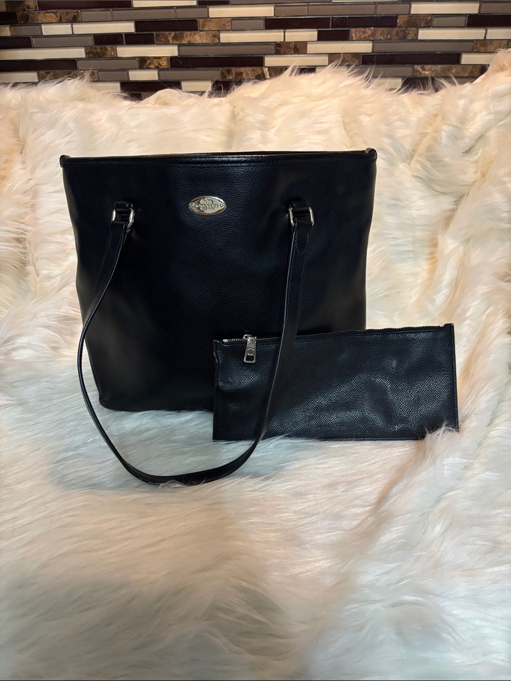 Coach Black Leather Tote with Matching Black Pouch